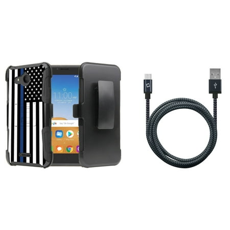 Rugged Series Case Bundle Compatible with Alcatel Tetra - Heavy Duty Armor Stand Cover with Belt Clip Holster (Thin Blue Line USA Flag), Heavy Duty Nylon Braided USB Cable (5 Feet) and Atom