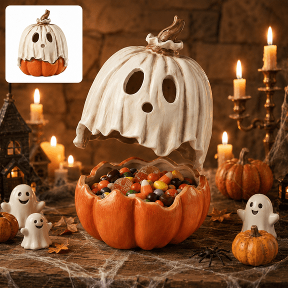 Clearance Detachable Pumpkin Ghost Candy Bowl, 11.8 Inch Halloween Pumpkin Container with Removable Ghost Mask Lid, Spooky Tabletop Decor for Halloween Party Supplies