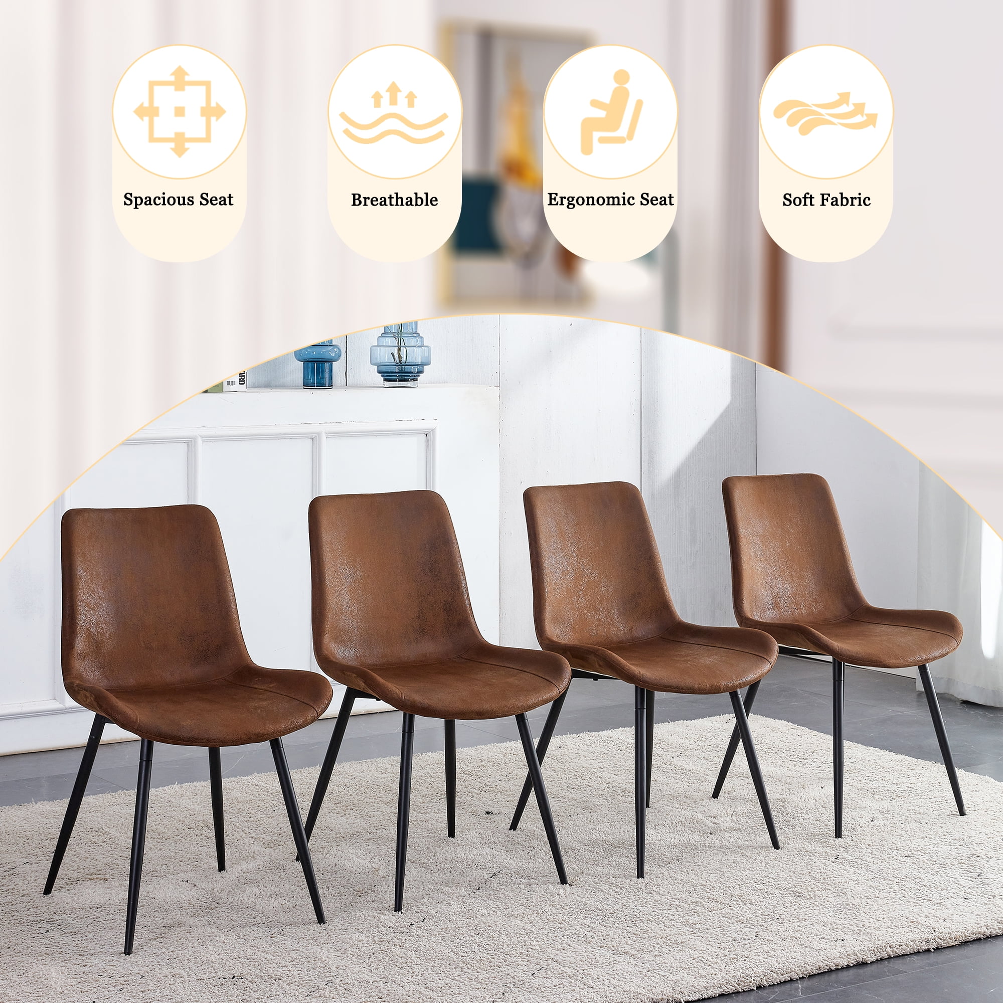 SUDICA Set of 6 Brown Faux Suede Dining Chairs, Upholstered Wide Seat with Black Metal Legs for Dining Room and Kitchen
