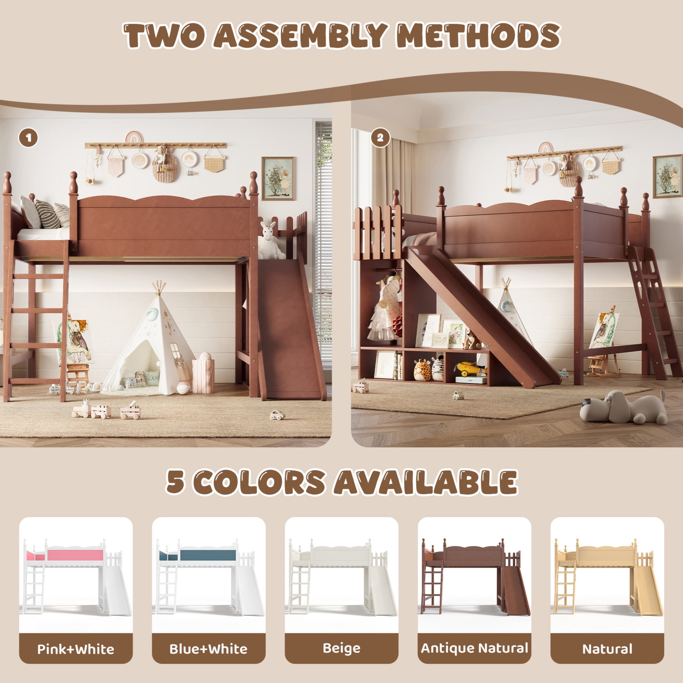 Noble House Full Loft Bed with Storage Shelves, Detachable Slide and Ladder, Antique Natural
