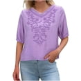 thumbnail image 6 of ClodeEU Women's Summer Short Sleeve Round Neck Cotton Linen Shirts,Retro Embroidered Boho Blouse Tops Purple,Womens Plus XL, 6 of 7