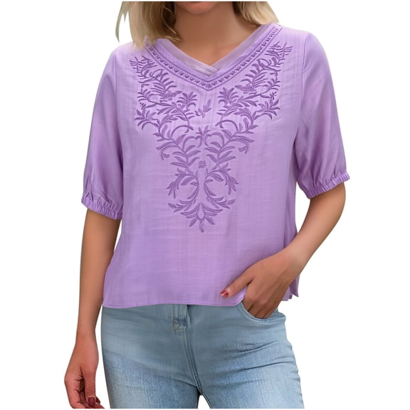 Generic Women's Cotton Linen Embroidered Shirts Summer Retro Elbow Sleeve Boho Peasant Tops Dressy Casual Button-Down Blouses