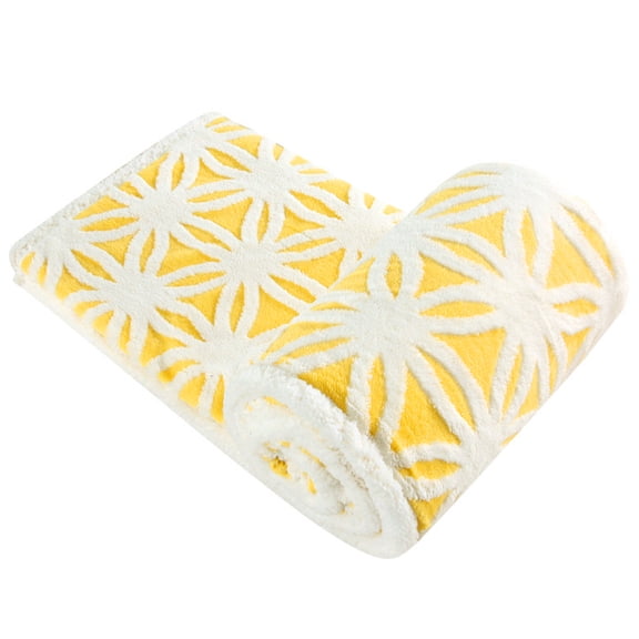 Yellow White Embossed Floral Throw Blanket, Reversible Sherpa Fleece Blanket, Soft Cozy Warm Decorative Couch & Bed Blanket for All Season