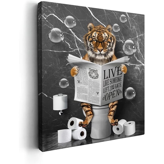 VELVET Tiger Wall Art Funny Black and White Tiger Picture Print Painting for Bathroom Toilet Artwork 12x18inch Framed
