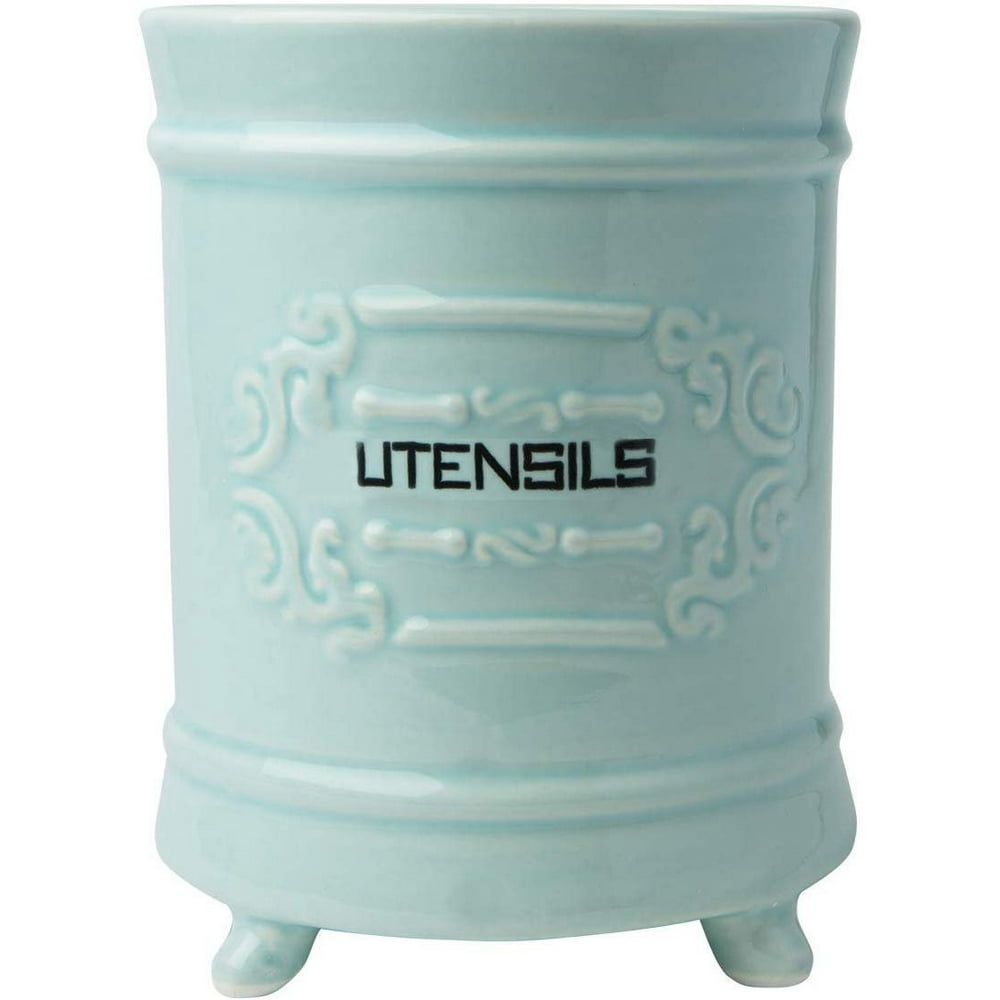 French Blue Ceramic Utensil Holder Vintage Style Kitchen Utensil