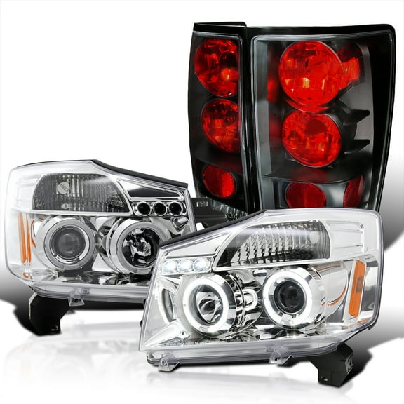 Spec-D Tuning Chrome Dual Halo LED Projector Headlights Black Tail Brake Lamps Compatible with 2004-2015 Nissan Titan Left   Right Pair Headlamps Assembly