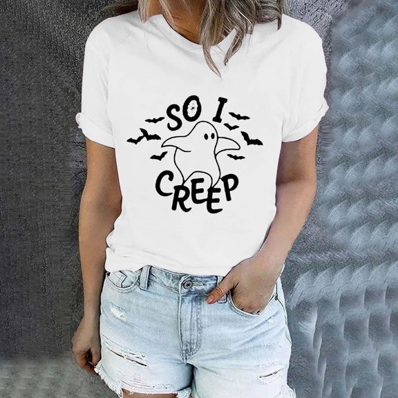 Graphic Tees for Women Graphic Tees For Women 2024 Short Sleeve Crew Neck T-Shirts with Halloween Print Cute Athletic Tops for Women Lightweight Everyday Wear Comfortable Casual Style White S