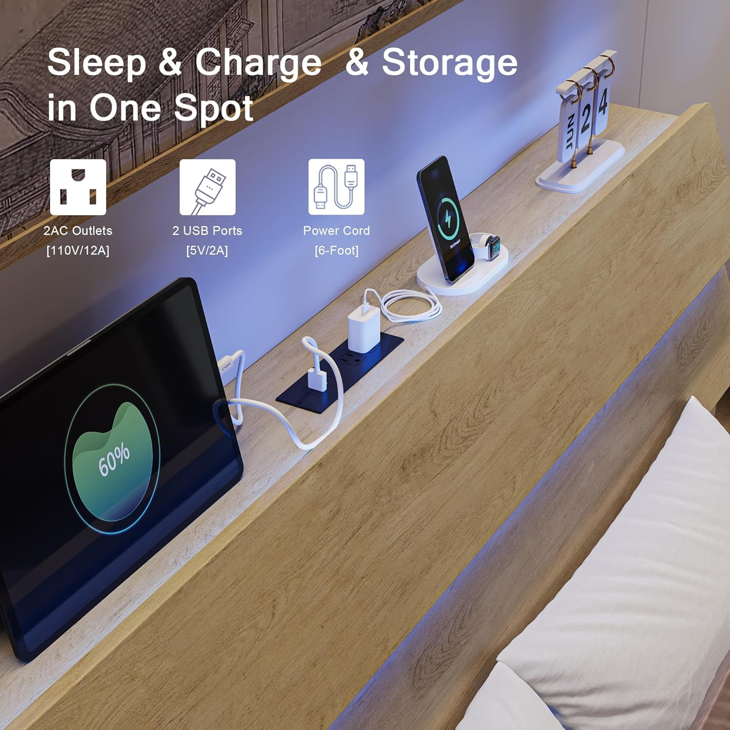 Feonase King Floating Bed Frame with LED Lights & Charging Station, Platform Bed with Wooden Storage Headboard, Steel Slats Support, No Box Spring Needed, Easy Assembly, Noise-Free,Oak