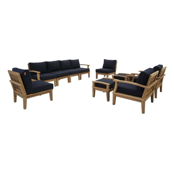 Modern Contemporary Urban Outdoor Patio Balcony Garden Furniture Lounge Sofa and Chair and Coffee Table Set, Wood, Navy Blue Natural