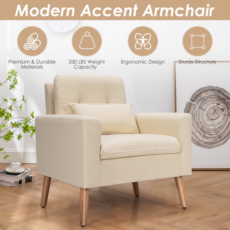 Finihen Upholstered Accent Chair, Modern Comfy Armchair Single Sofa, Linen Fabric Single Sofa Armchair with Waist Pillow, for Living Room, Bedroom, Beige