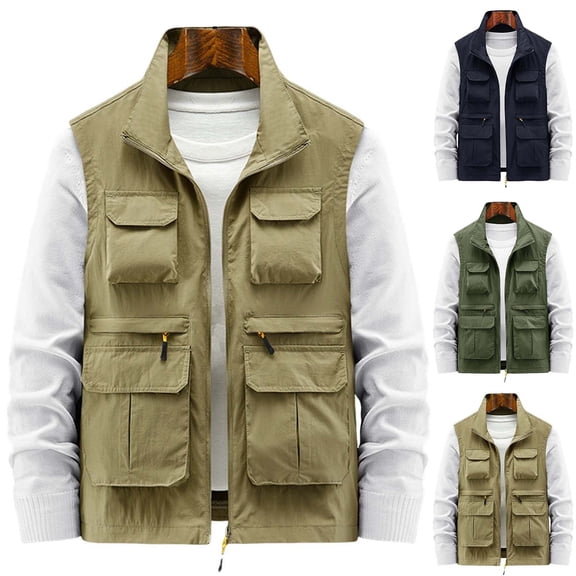 UVEASISHA Men's Lightweight Hiking Vest Mesh Breathable Quick Dry Cargo Vest Full Zip Stand Collar Sleeveless Utility Jacket Relaxed Fit Photography Vest with Multi Pockets Khaki M