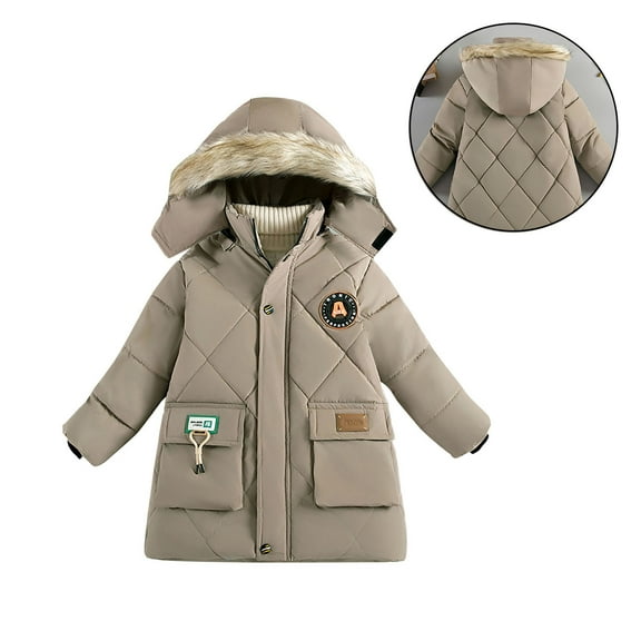Toddler Winter Coat for Boys with Hooded Puffer Jacket Boys Khaki Jacket Full-Zip Long Sleeve Thicken Waterproof Jacket Kids Boys Winter Jackets Size 3-4 Years