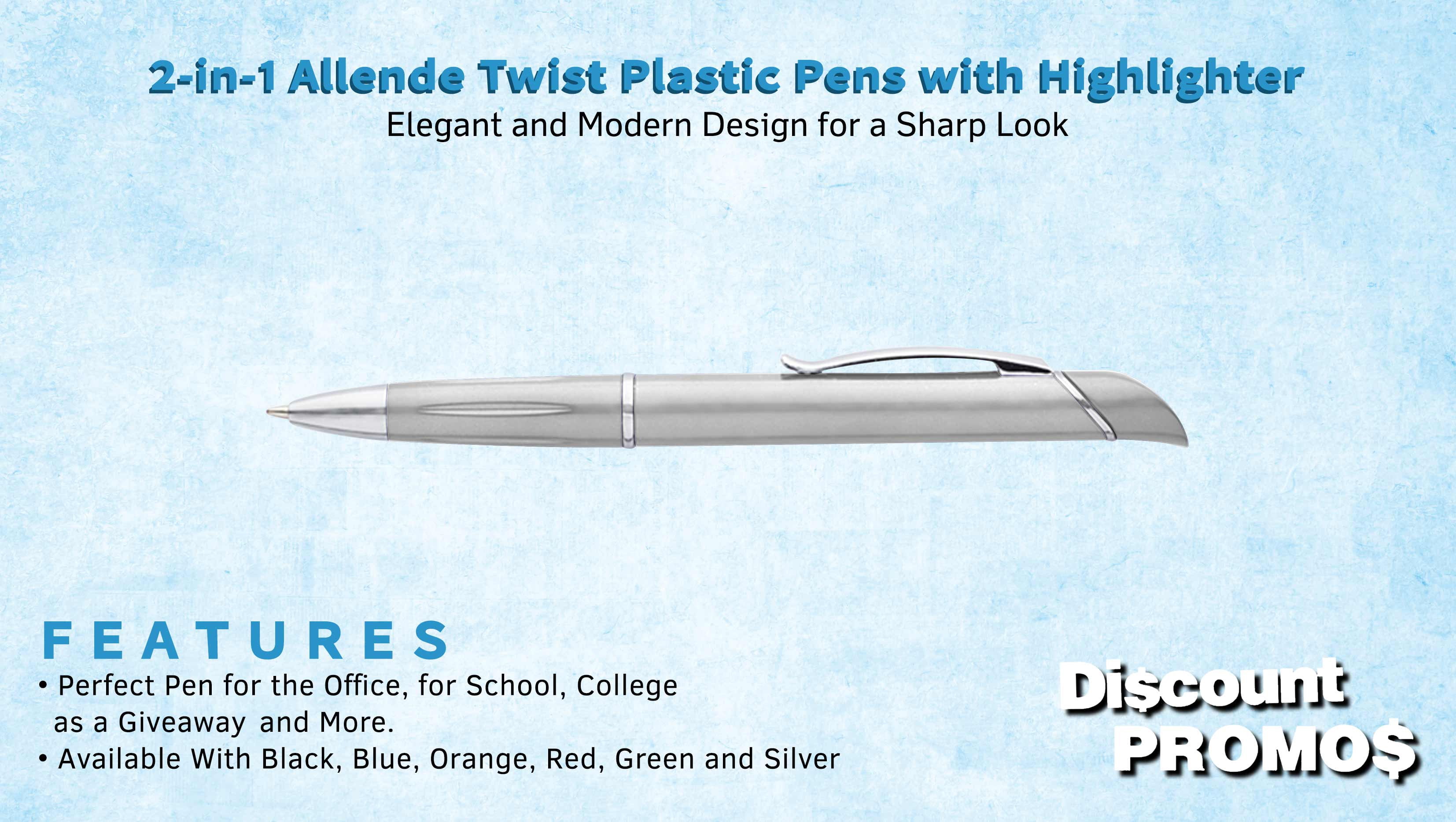 10 Allende Twist Plastic Pens with Highlighter Pack - Stylish, Durable, Black Ink - Silver