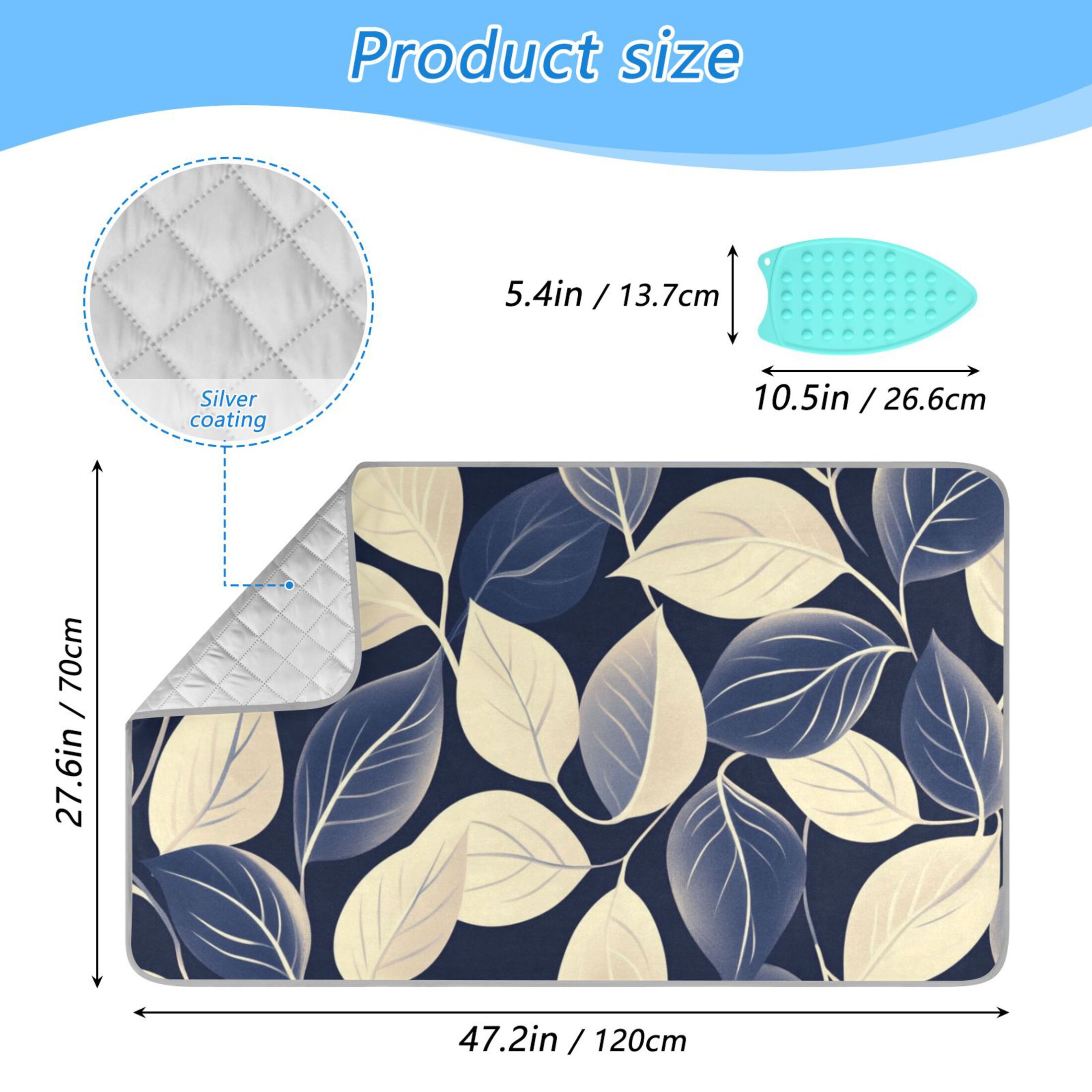 Dark Blue and Beige Leaves Ironing Mat Blanket Portable Travel Ironing Pad Heat Resistant Pad 47.2" x 27.6”