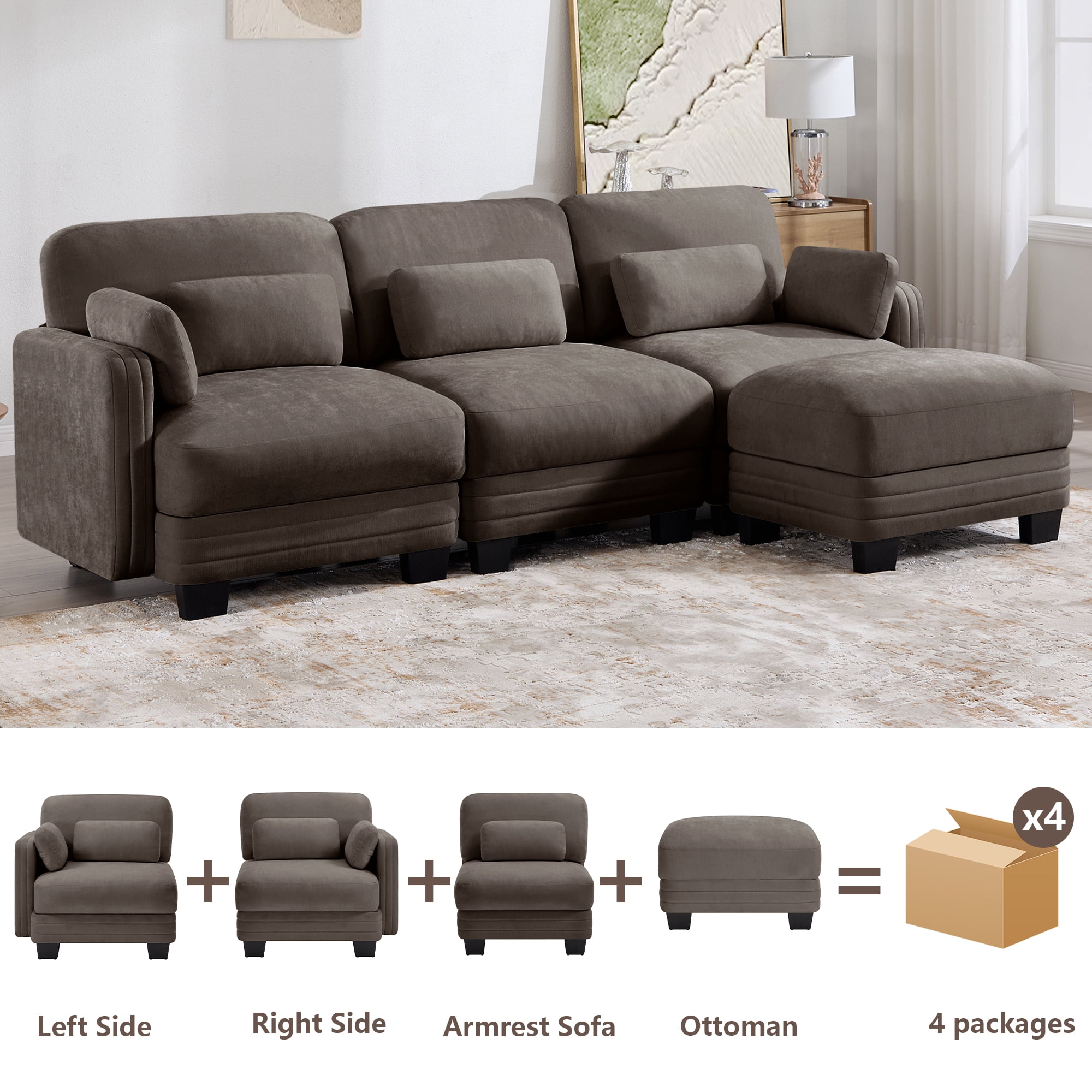 100" L Shape Modern Modular Sectional 3 Seater Sofa Couch with Movable Ottoman and 5 Pillows