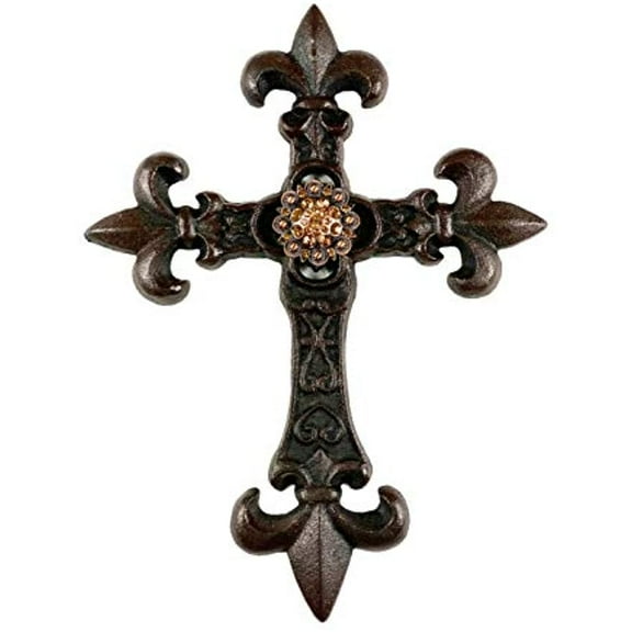 Urbalabs Western Cast Iron Wall Hanging Rustic Cross Gold Concho Bling Fleur De Lis