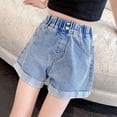 thumbnail image 2 of Tfken Summer Shorts For Girls Solid Color Loose Elastic Waist Denim Shorts With Pockets Fashion Caual Daily Wear Children Comfortable Clothes Blue Size 7-8 Years, 2 of 9