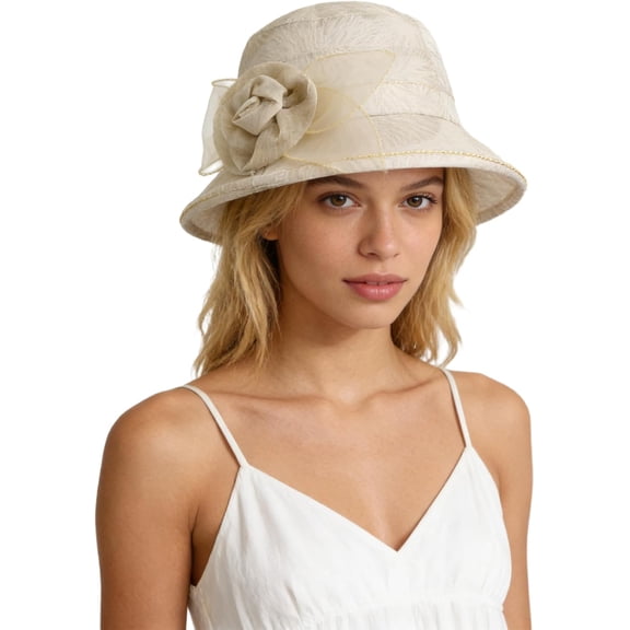 Kukuzhu Women Flower Bowler Sun Hat Wide Brim Cloche Bucket Hat Foldable Breathable Wedding Church Tea Party Fascinator