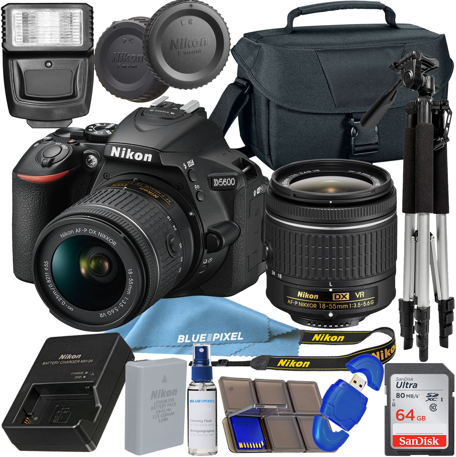 Nikon D5600 DSLR Camera with 18-55mm Lens (1576) + 64GB Card + Case + Corel  Photo Software + EN-EL14A Battery + HDMI Cable + Cleaning Set + Flex