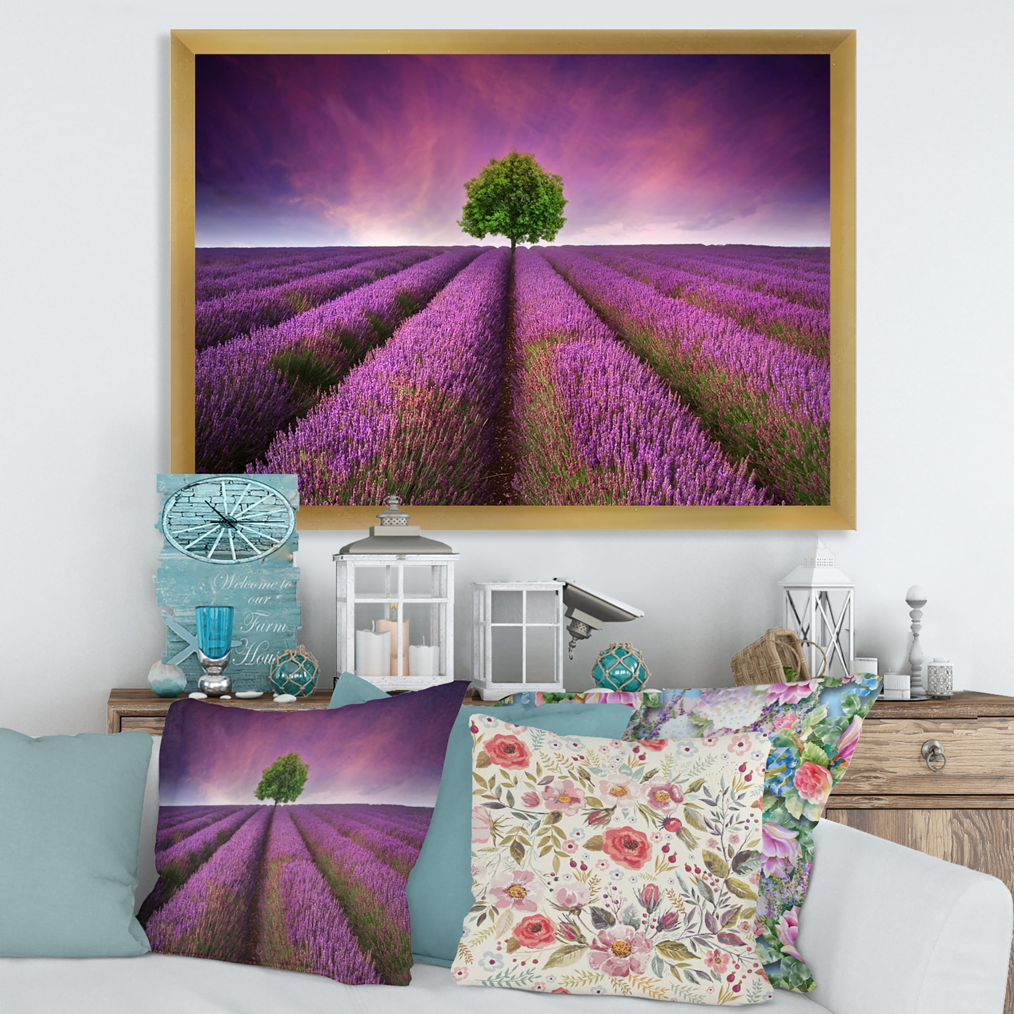 Designart 'Tree With Stunning Lavender Field Summer Sunset' Farmhouse Framed Art Print