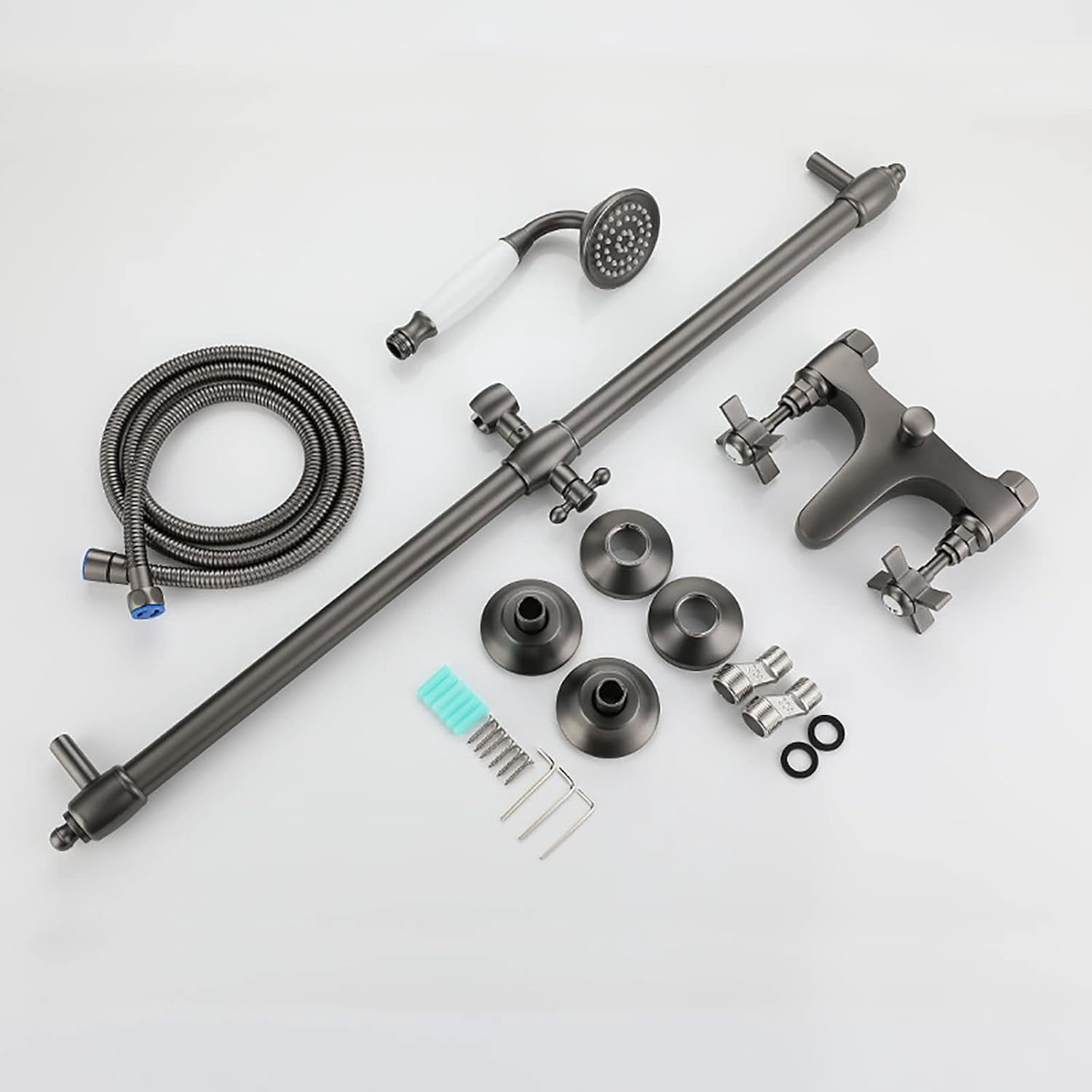Industrial Bathtub Faucet with Handheld Shower Tub Filler Faucet Wall Mount Brass Tub Faucet 2 Handles 2 Holes Tub Mixer Tap with Liftable Shower Rod, Shower Hose,Chrome