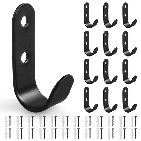 12 Pack Coat Hooks for Wall, Stainless Steel Double Hole Heavy Duty Outdoor Hooks, Wall Hooks Towel Hook Garage Holder Screw Hanger, with Screws and Anchor for Key, Towel, Bags, Cup, Hat (Black)
