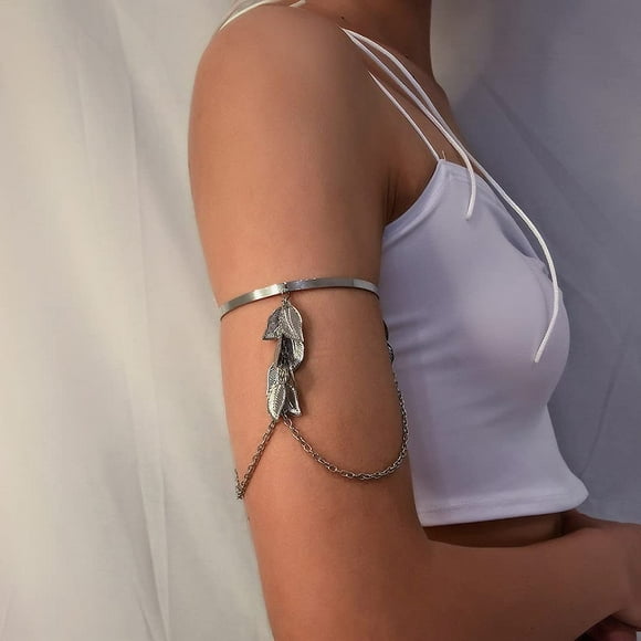 JOYWEI Arm Bracelet Upper Arm Cuff Feather Chain Tassel Arm Adjustable Leaf Cluster Arm Band Minimalist Bracelet for Women and Girls (Silver)