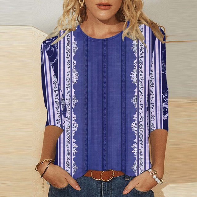 Liquidation d'Été! Fatuov Hauts à Manches 3/4 pour Femmes Décontractés Élégants Col Rond T-Shirts Graphiques Été Grande Taille Blouses Bleues