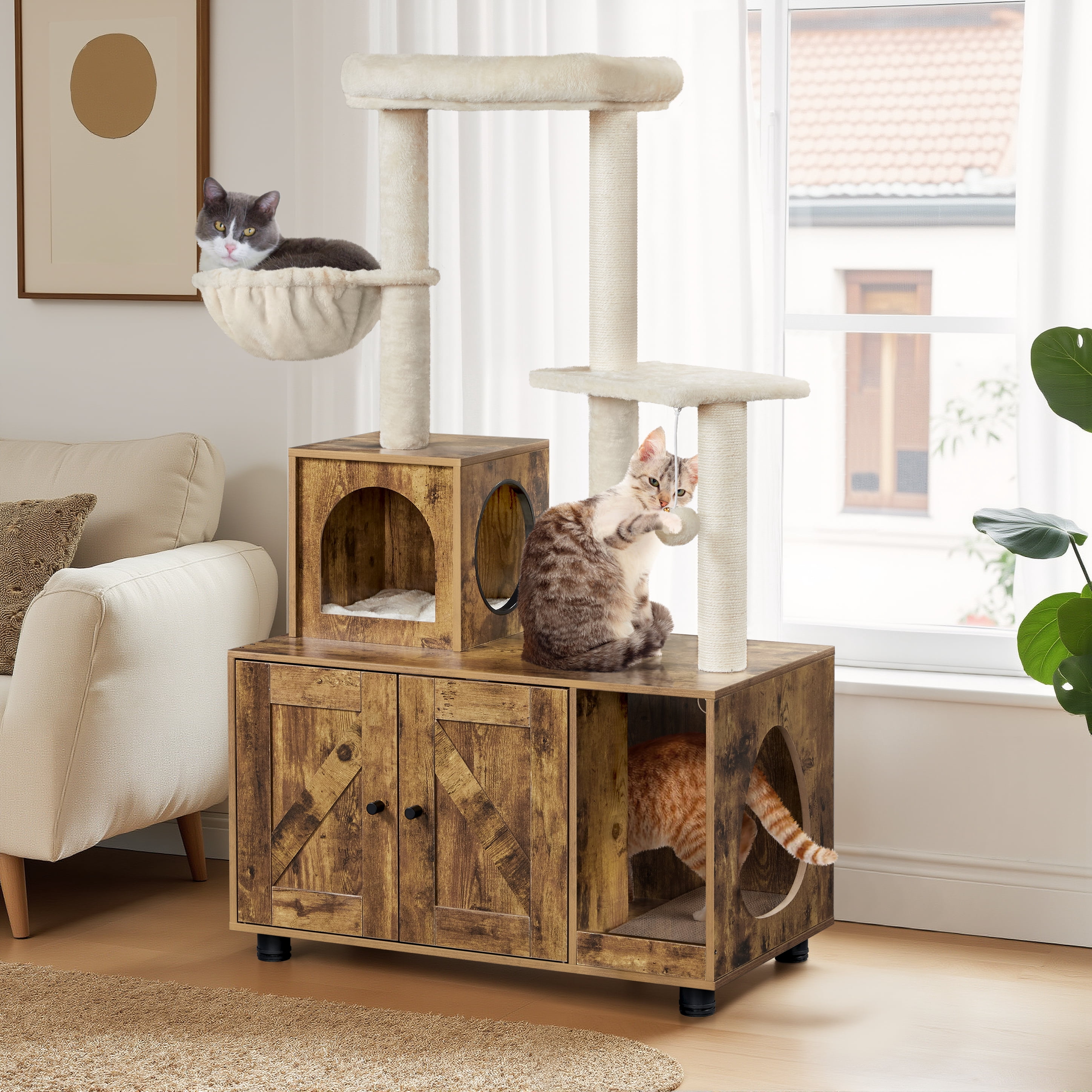 Renwick 53''  Wooden Litter Box Enclosure with Cat Tree Tower, Rustic Brown/Beige