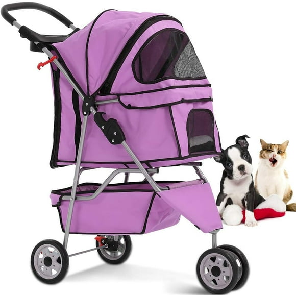 Dkelincs 3 Wheels Dog Cat Stroller Foldable Pet Stroller Travel Carrier with Cup Holder and Removable Liner, Pink