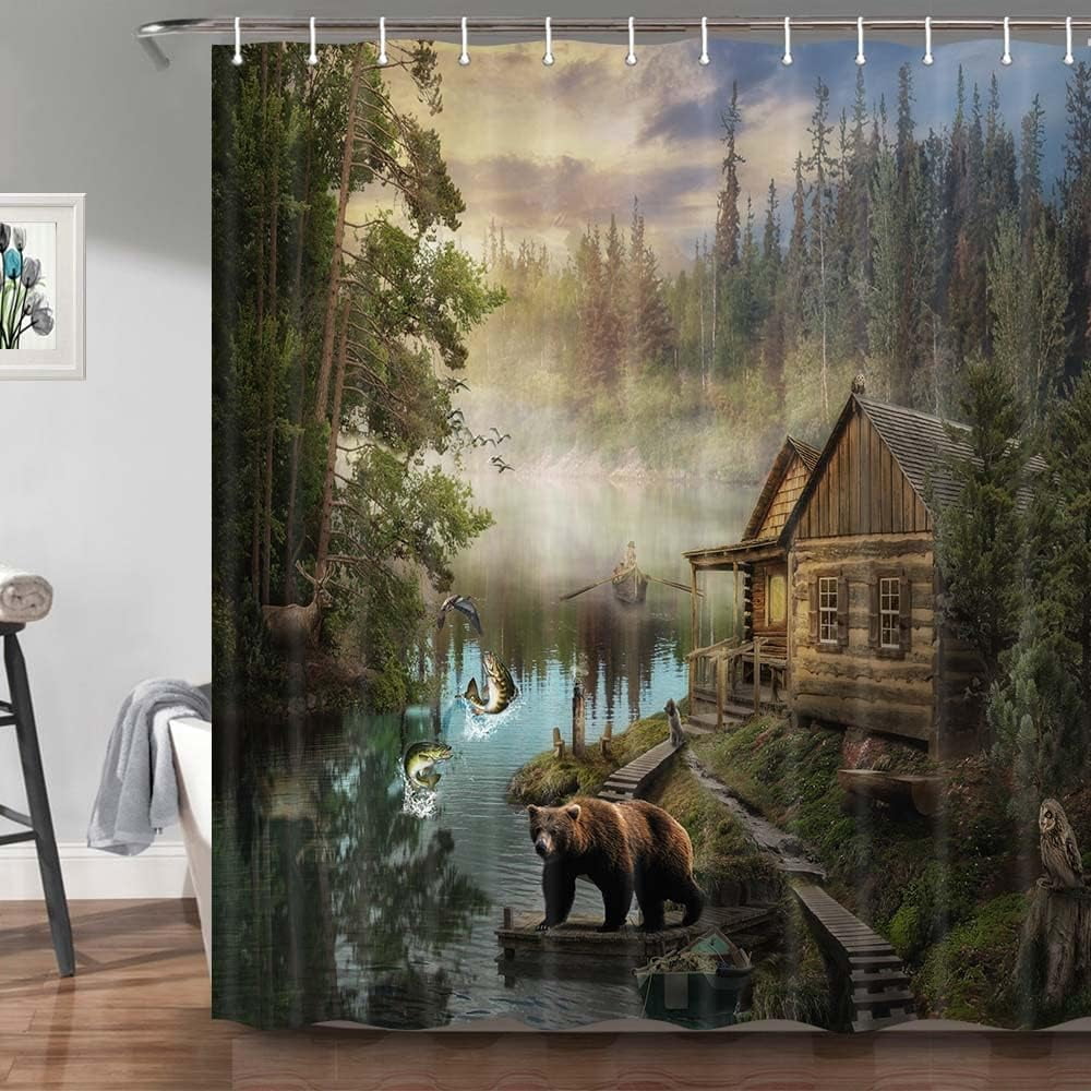 Forest Bear Shower Curtain, Vintage Cabin Country Natural Scenery Lake House Bath Curtain, Wildlife Farm Animals Camping Decor Fabric Bathroom Set with Hook 60x70