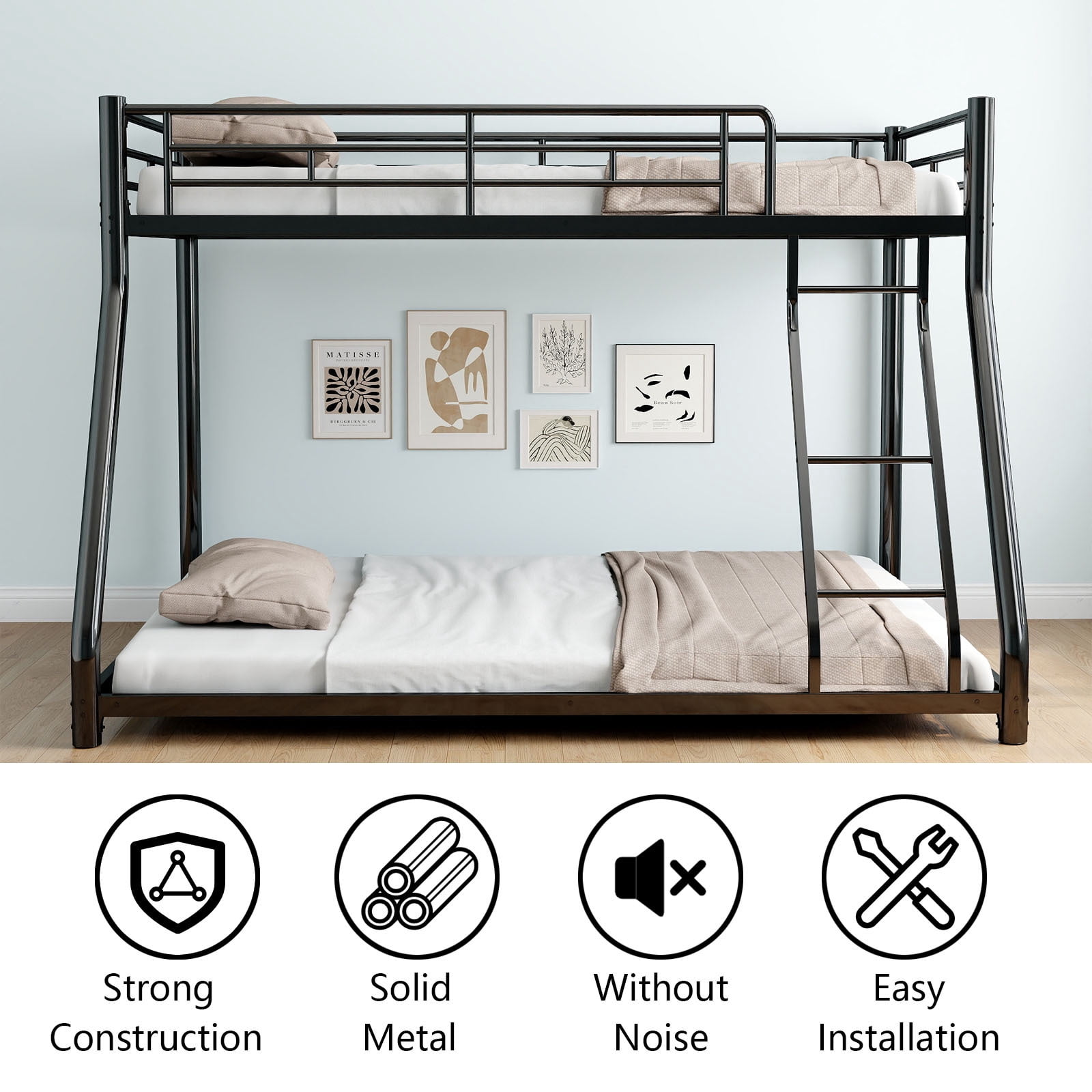 Alvantor Twin over Full Bunk Bed for Kids Teens, Heavy Duty Meta Bed Frame with Guardrail and Ladder Black