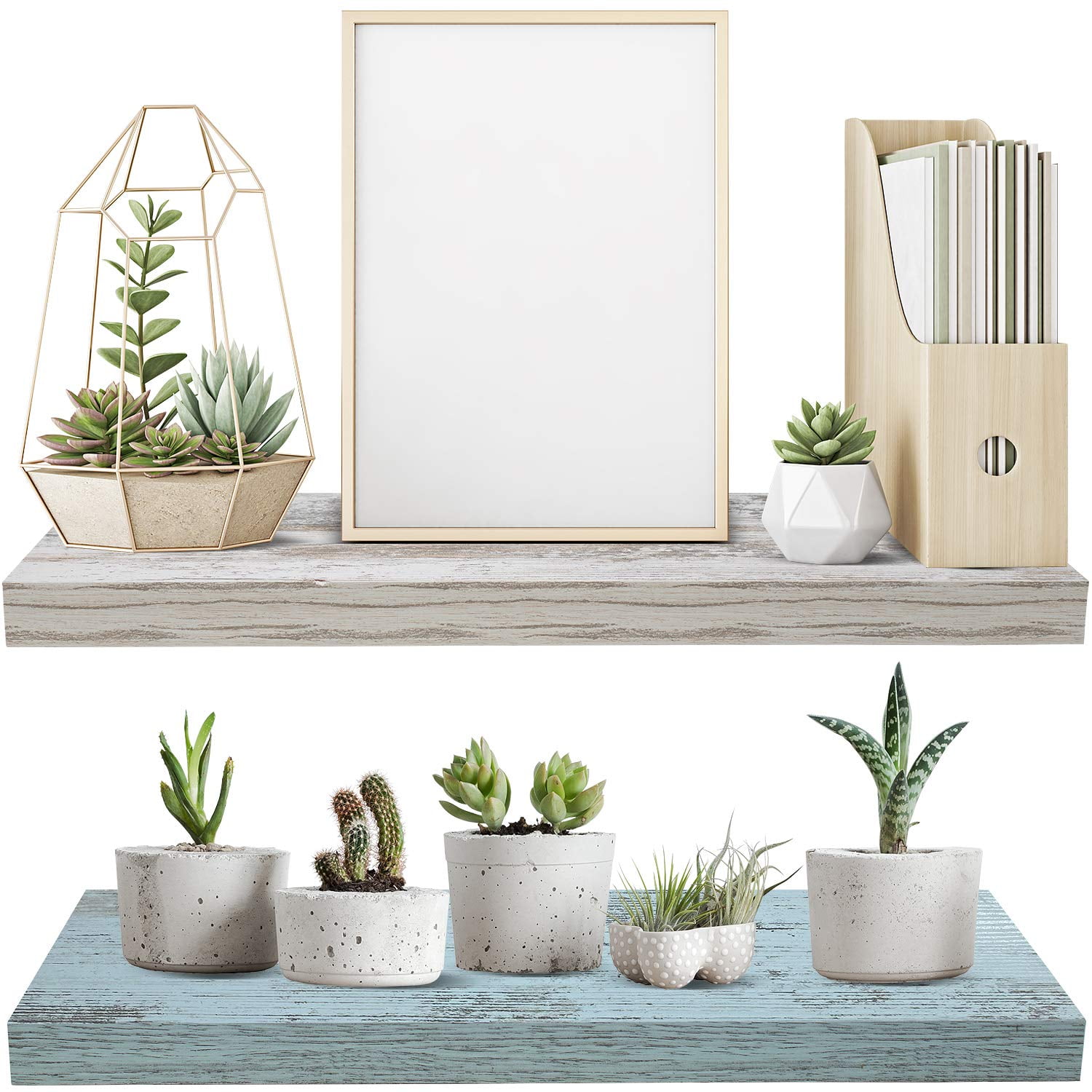 Sorbus 2 Pack Wood Floating Shelves Wall Hanging Length 24-inch, Rustic Blue/White