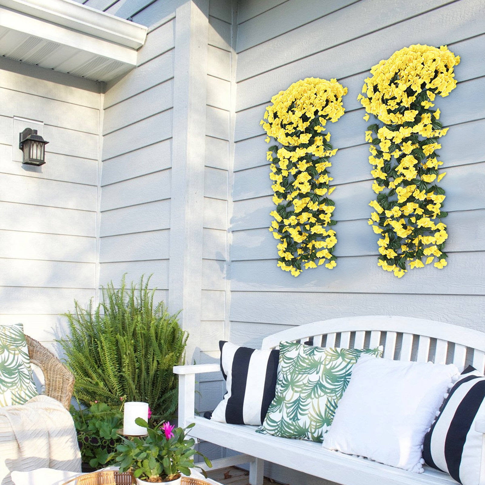 3pcs Artificial Hanging Flowers Outdoor Faux Plants Spring Decor Fake Mums Violets with Eucalyptus Realistic UV Resistant Trailing Vines Porch Yard Indoor Five-petal