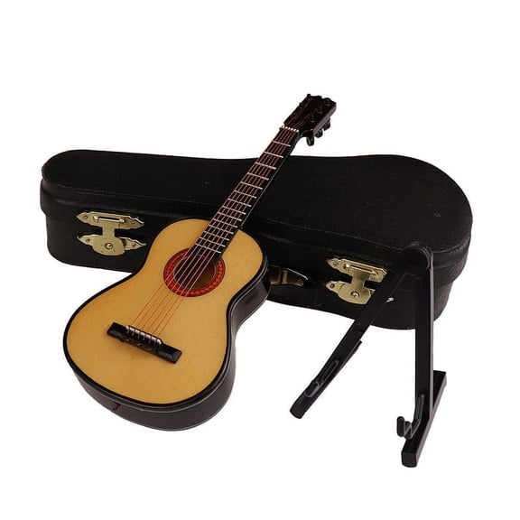 C-Wooden Miniature Guitar with Stand and Case Mini Musical Instrument Miniature Doll House Model Home Deco
