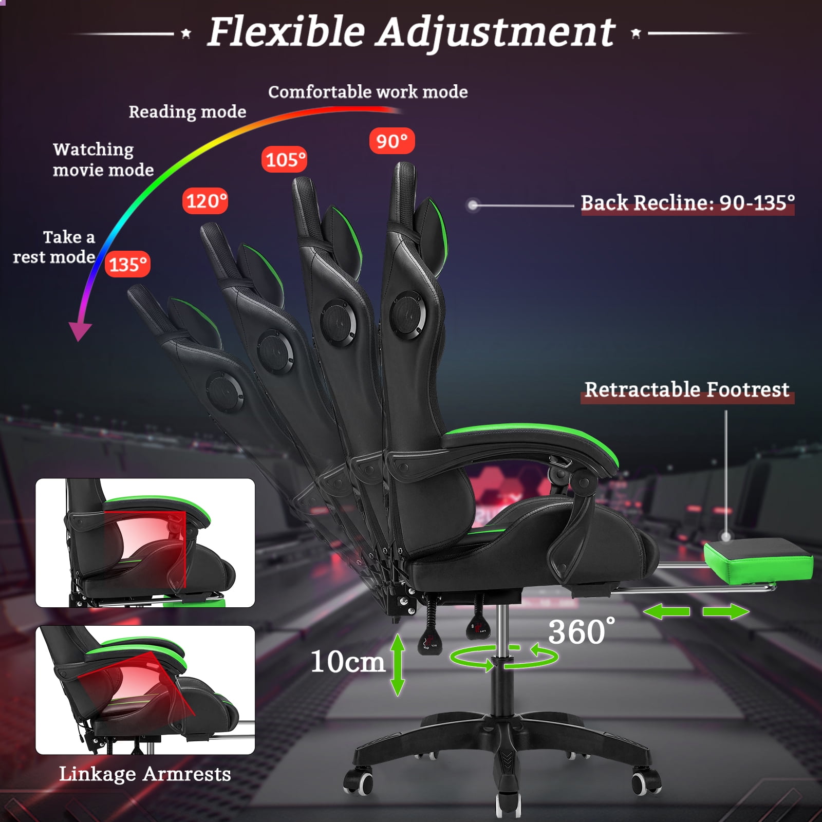 Hoffree Gaming Chair with Bluetooth Speakers and Footrest Massage Office Chair with LED Lights Ergonomic Game Chair High Back with Lumbar Support and Headrest Adjustable Swivel for Adults 300lb