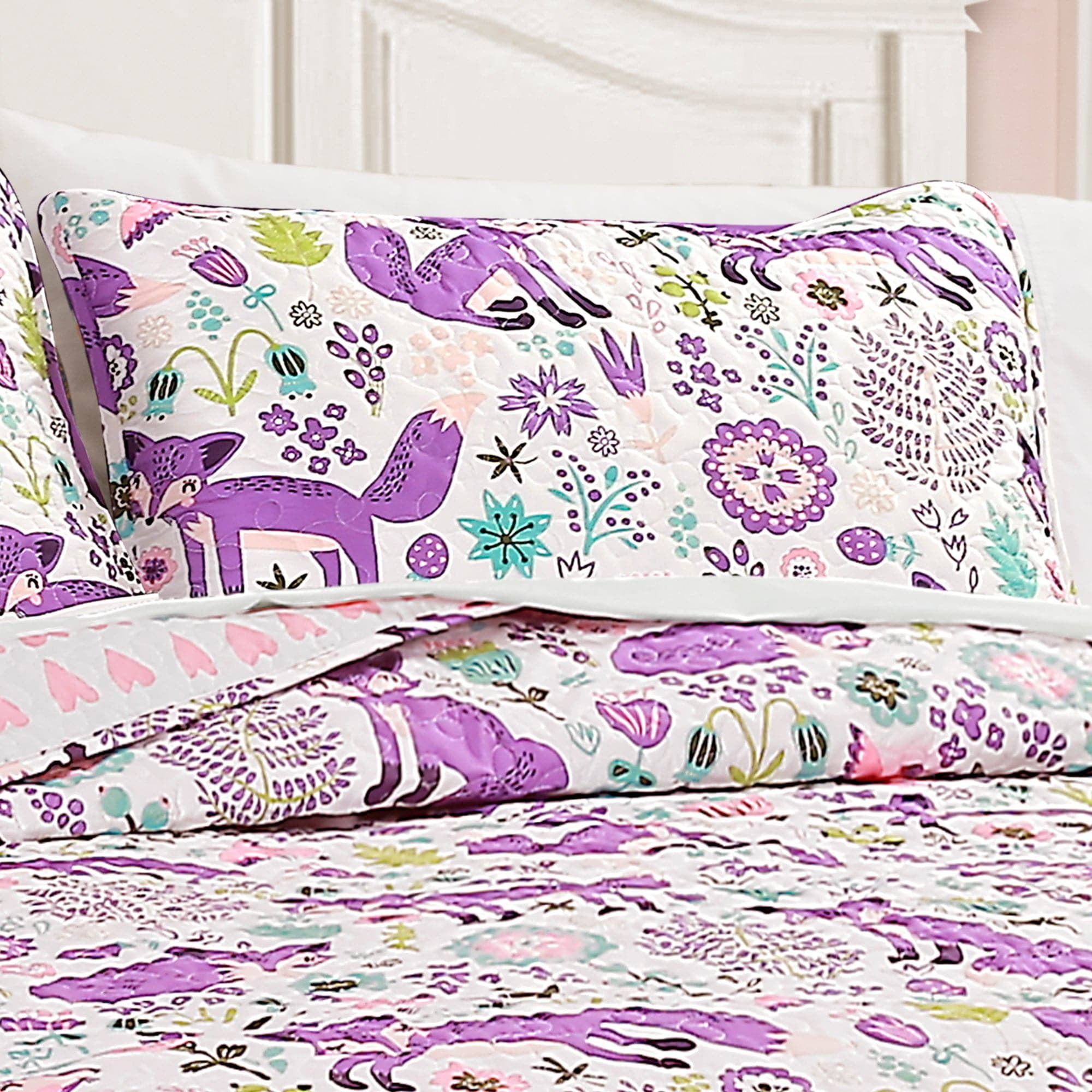 Lush Decor Pixie Fox Kids Animal Print Polyester Reversible Quilt, Twin, Navy/Pink, 3-Pc Set