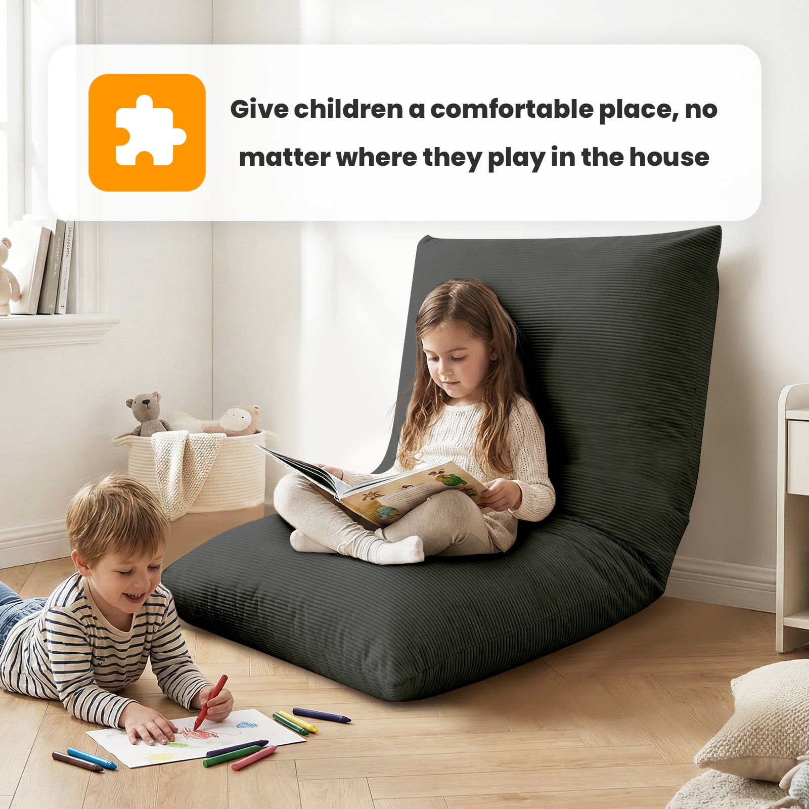 CATGOOD 3-in-1 Bean Bag Chair for Kids, Convertible kids chair with Skin Friendly Fabric for Living Room, Bedroom, Gray