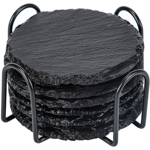 nipocaio Beverage Coasters with Holder 6 Pack Rustic Round Slate Stone