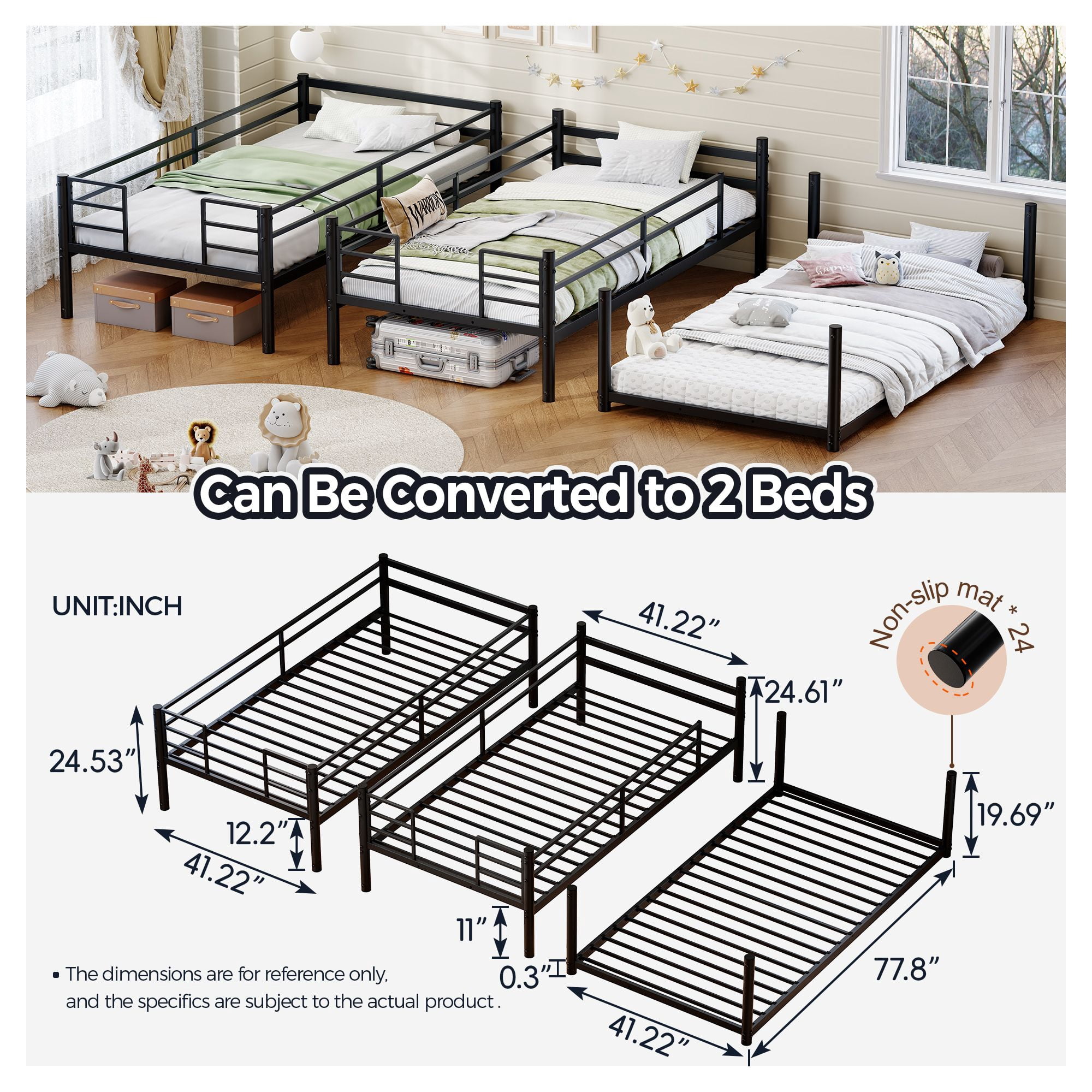 Alvantor Heavy Duty Triple Twin Metal Bunk Bed, 3-in-1 Convertible Frame, Black