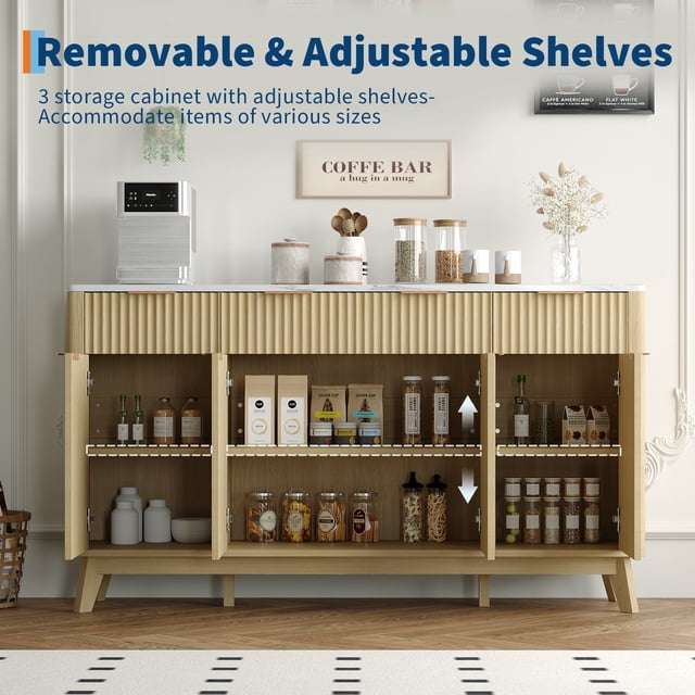 Modern Sideboard Buffet Cabinet for Dining Room – Elegant Storage Solution – Oak Finish – Fluted Design – Spacious Drawers, Adjustable Shelves & Doors – Color: Oak