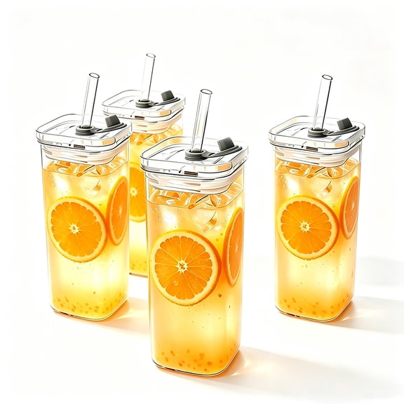 Glass Cups with Lids And Straws,500ml Square Drinking Glasses,4-Piece Glass Cup Set for Home Water,Coffee,Juice,Beer,Drinks