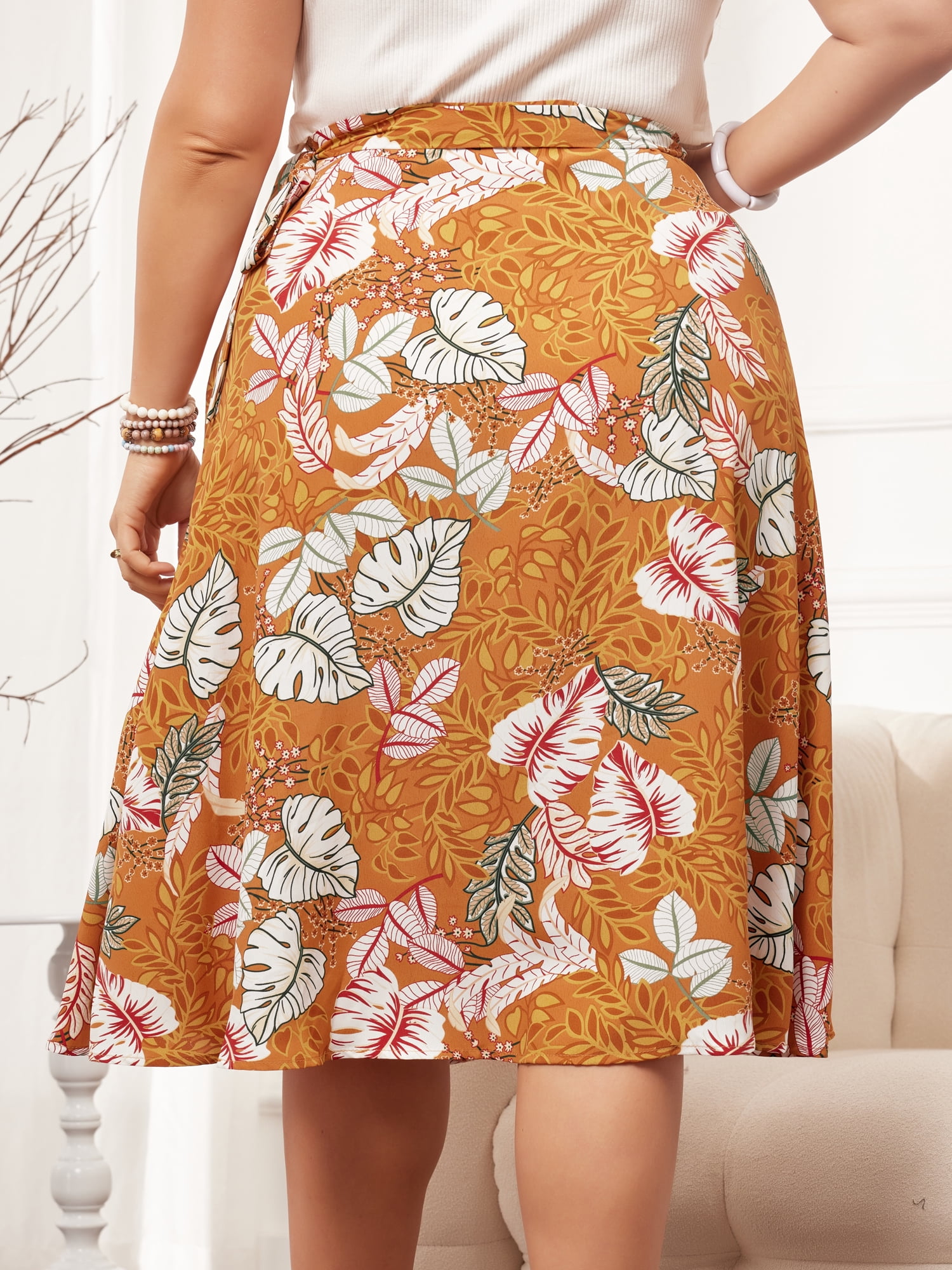DARING DIVA Women's Plus Floral A Line Ruffled Hem Summer Midi Skirt 4X Orange