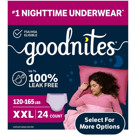 Goodnites Girls' Nighttime Bedwetting Underwear, Size XXL (120-165 lbs), 24 Count
