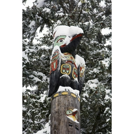 Raven Totemic Figure On Tlingit Totem Pole At Auke Bay Recreation Area Winter In Southeast Alaska Canvas Art - Joel Bennett Design Pics (22 x 34)