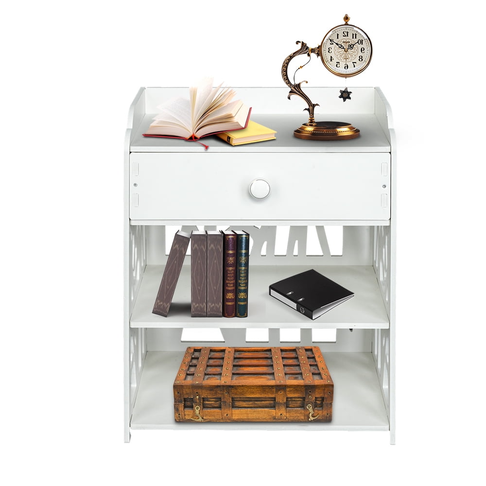 Private Jungle 3 Tier Wooden Bed Side End Table Nightstand Bedroom with Drawer and Storage Shelves,White Private Jungle 3 Tier Wooden Bed Side End Table Nightstand Bedroom with Drawer and Storage Shelves,White