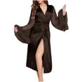 thumbnail image 2 of Elainilye Fashion Silk Robes for Women Plain Print Perspective Mesh Sleeves Ice Silk Bathrobe Sexy Nightgown Pajamas,Brown, 2 of 5
