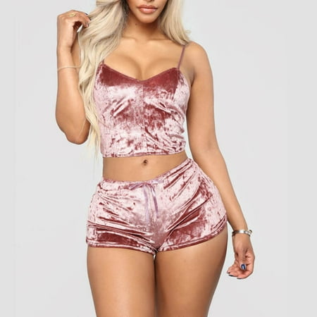 

Women 2 Piece Lingerie V Neck Crop Tops Bra Solid Color Shorts Satin Pajama Set