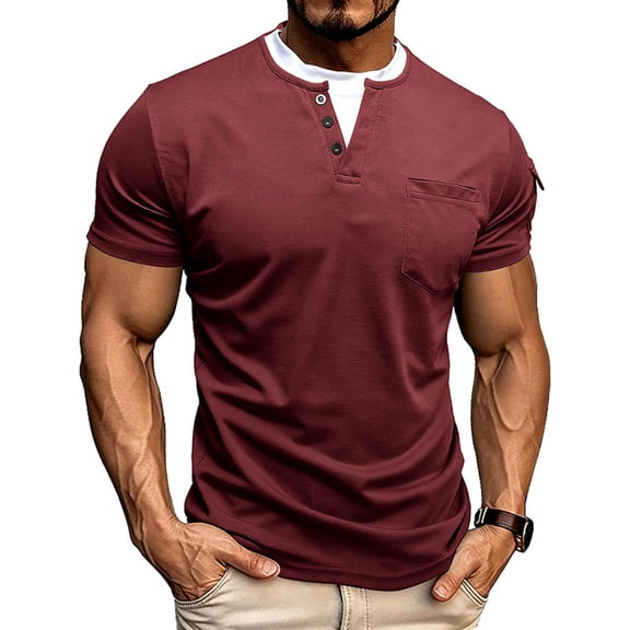 YaoYar Mens Fashion Solid Color Short Sleeved Fake Two Piece Design Casual Tee Double-layer Round Neck Pullover Pocket Casual Top