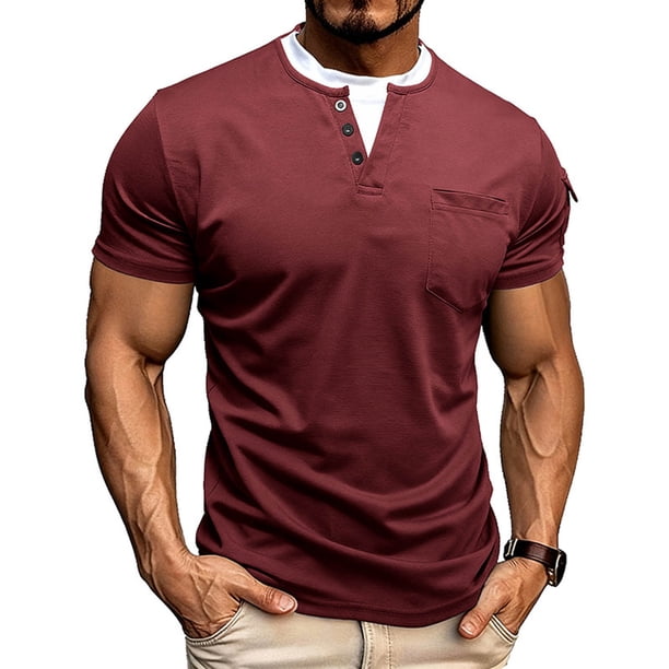 Tops para hombre, blusas y camisas de manga corta y cuello redondo para hombre. Jersey informal de dos piezas con bolsillo y cuello redondo de doble capa y manga corta de color liso a la moda para hom